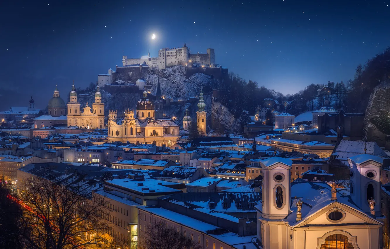 Photo wallpaper landscape, mountains, night, the city, building, home, Austria, Church