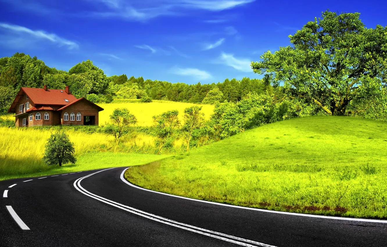 Photo wallpaper road, grass, trees, landscape, nature, foliage, house