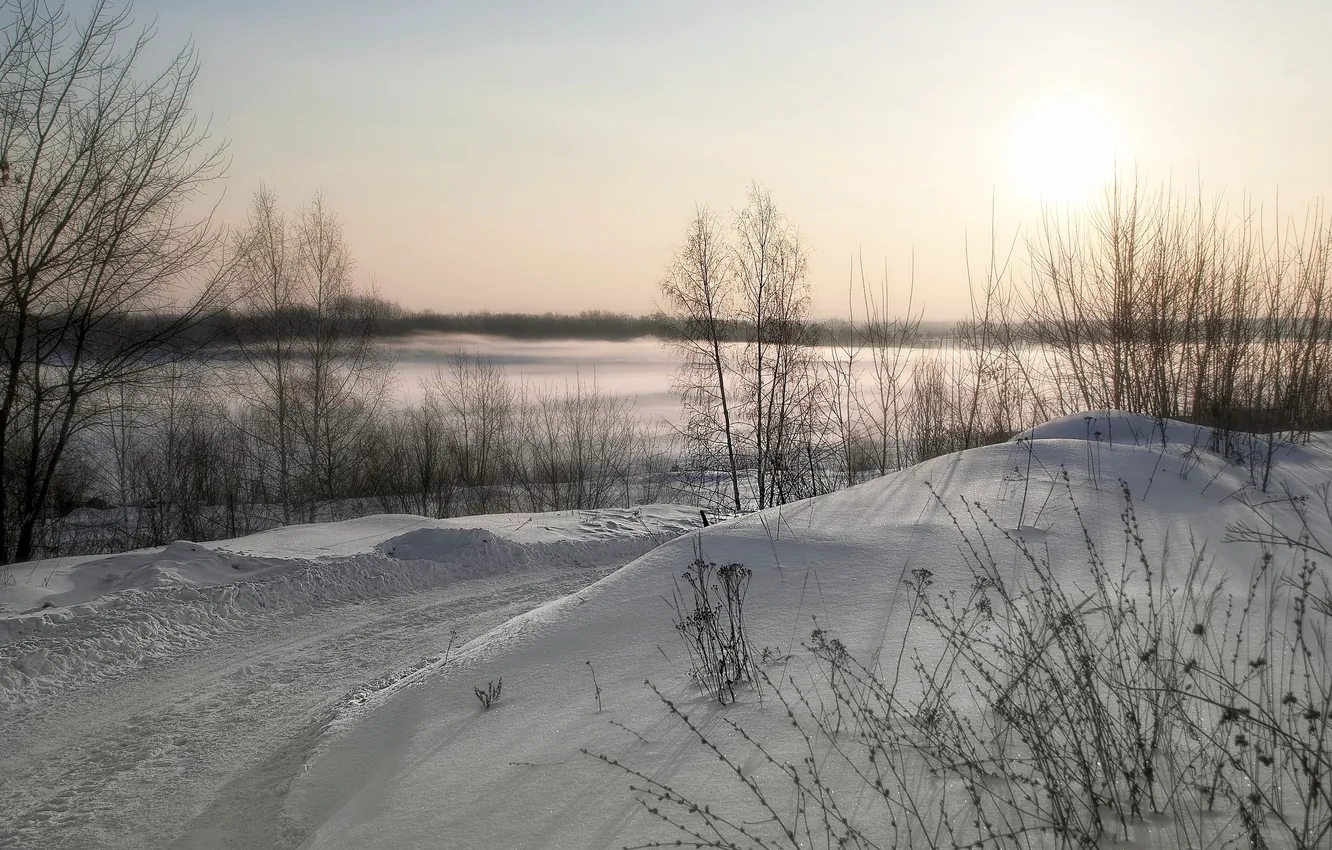 Photo wallpaper winter, road, snow, landscape