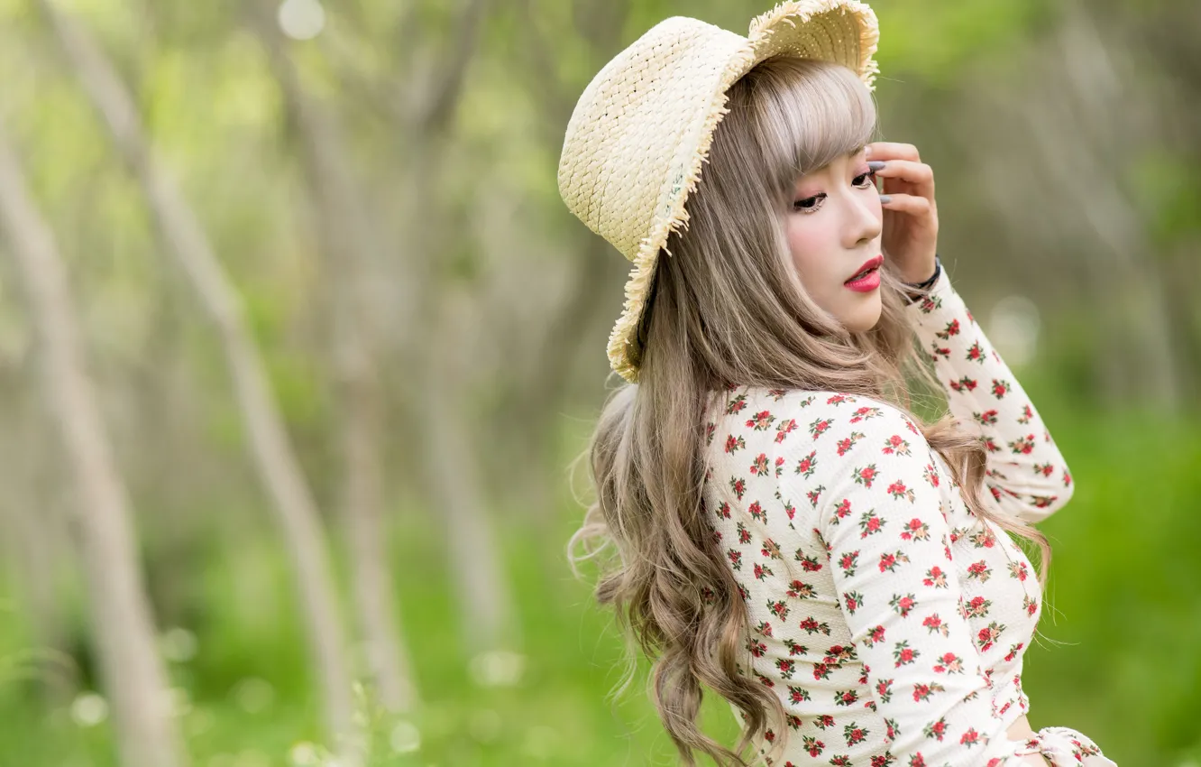 Photo wallpaper hat, blouse, Asian, bokeh