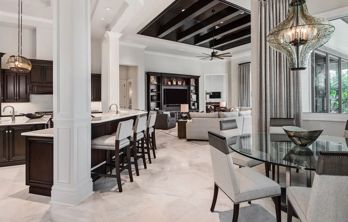 Photo wallpaper design, style, Villa, interior, kitchen, living room, dining room, by Harwick Becker