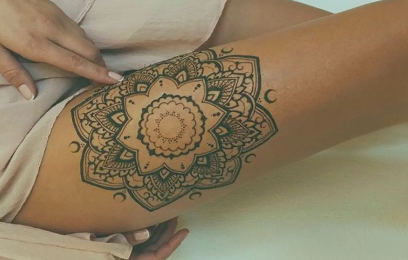 Photo wallpaper girl, dress, tattoo, legs, manicure, slender legs, tattoo on legs