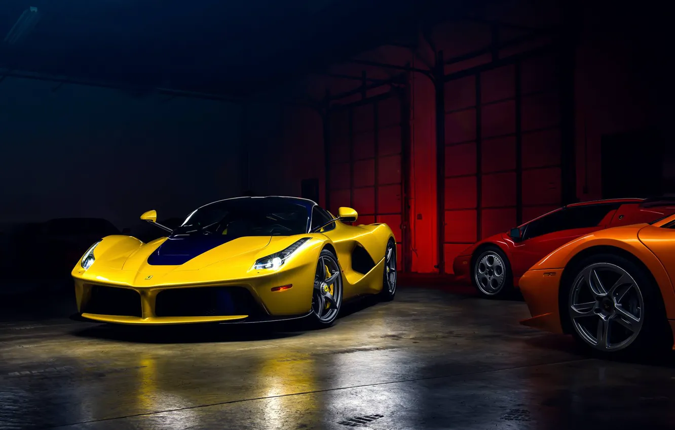 Photo wallpaper Light, Ferrari, Cool, Front, Color, Yellow, Supercar, Garage