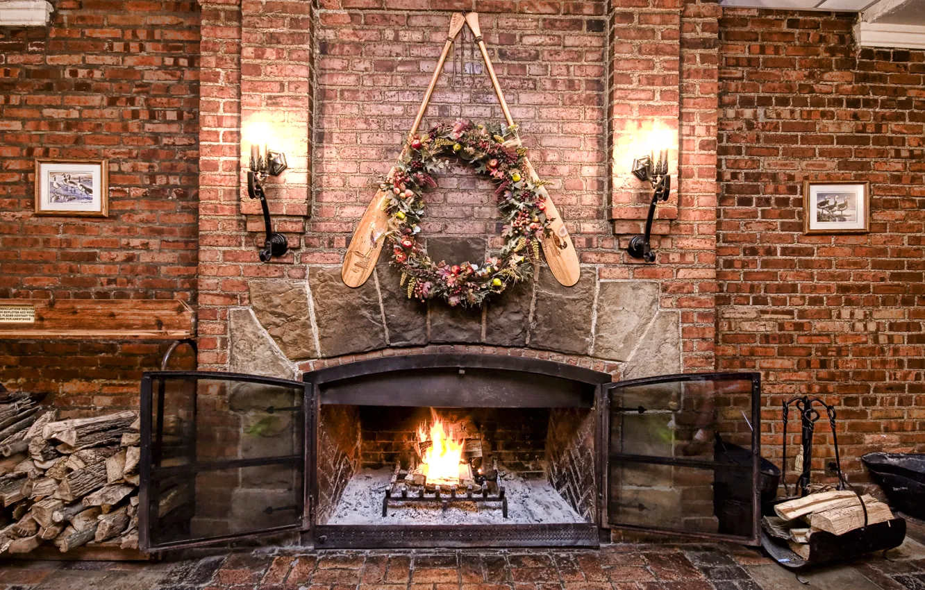 Photo wallpaper design, lights, wall, brick, lamp, fire, fireplace, interior