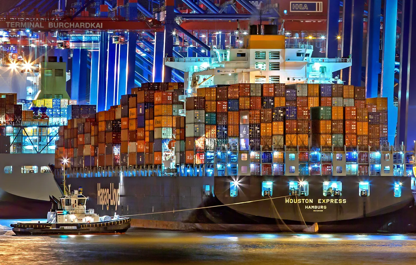 Photo wallpaper Port, Night, The ship, A container ship, Cranes, Port, Tug, Vessel