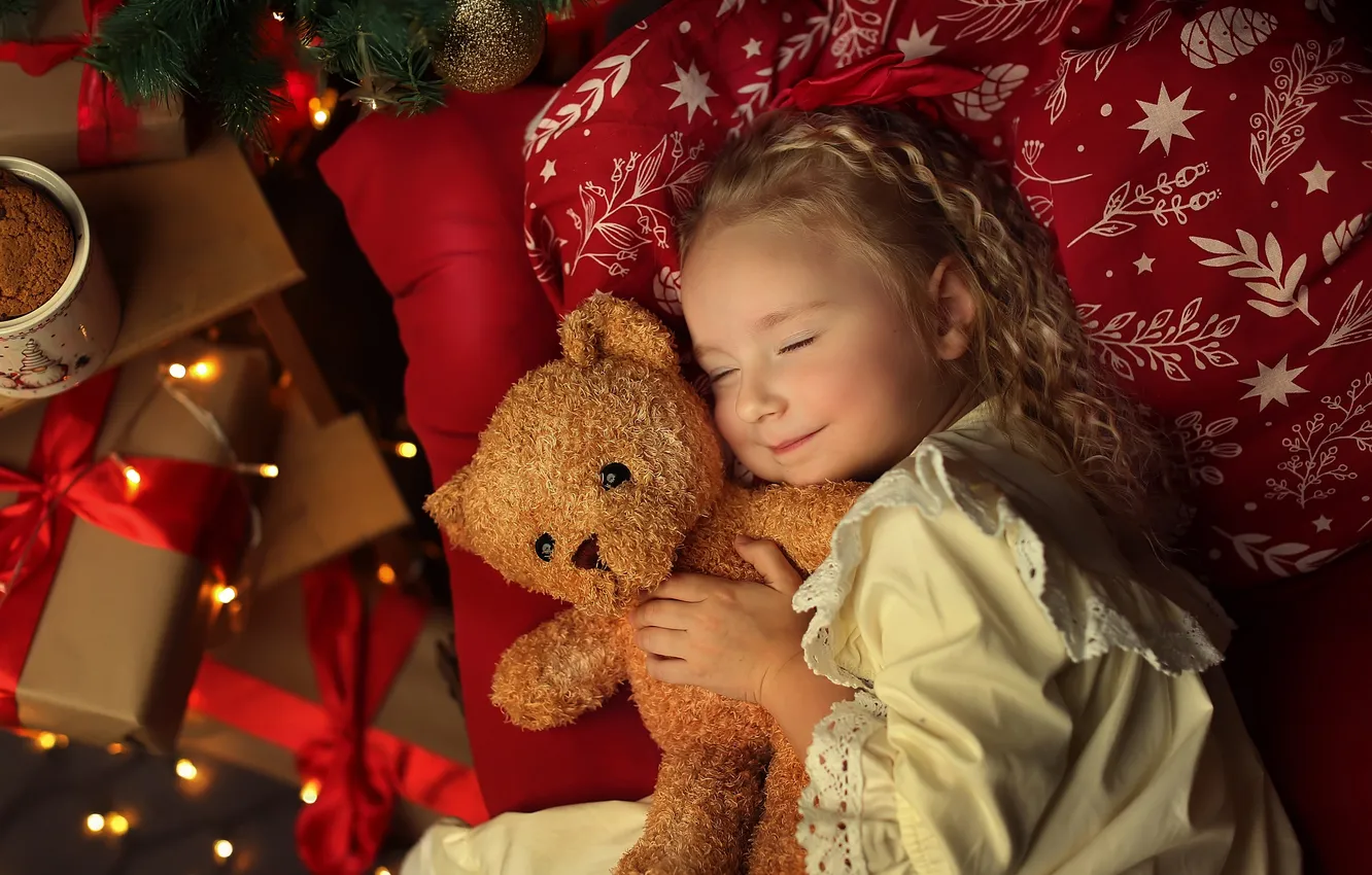 Photo wallpaper mood, sleep, gifts, New year, bear, closed eyes, Teddy bear, sleeping girl