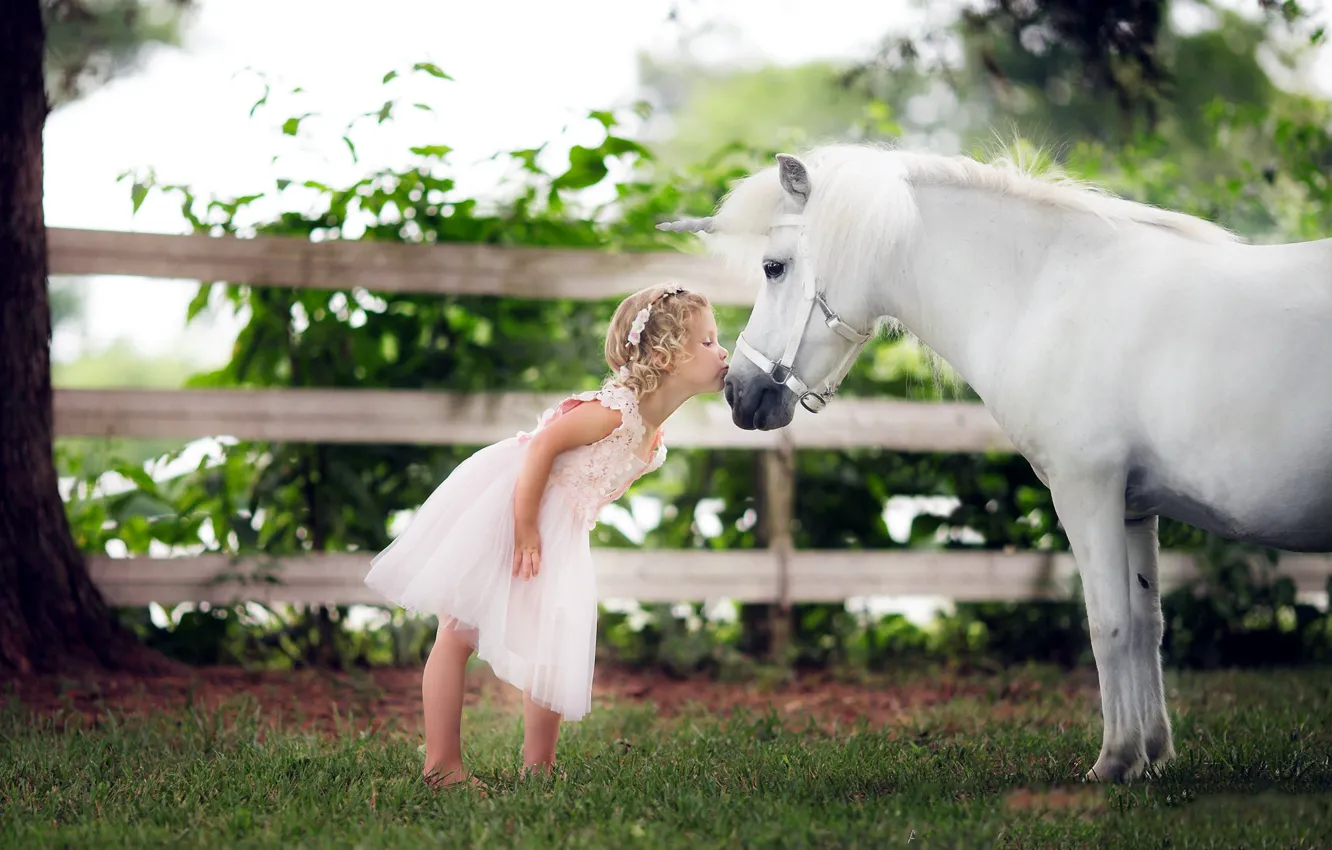 Photo wallpaper horse, kiss, unicorn, girl