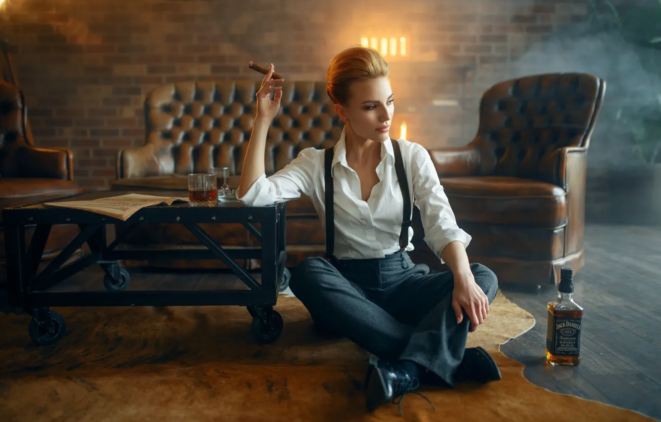 Photo wallpaper girl, pose, sofa, bottle, chair, cigar, whiskey, on the floor