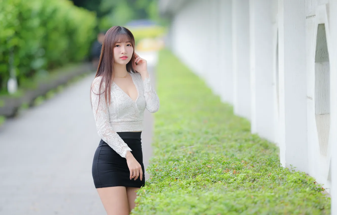 Photo wallpaper look, pose, model, the fence, skirt, portrait, makeup, figure