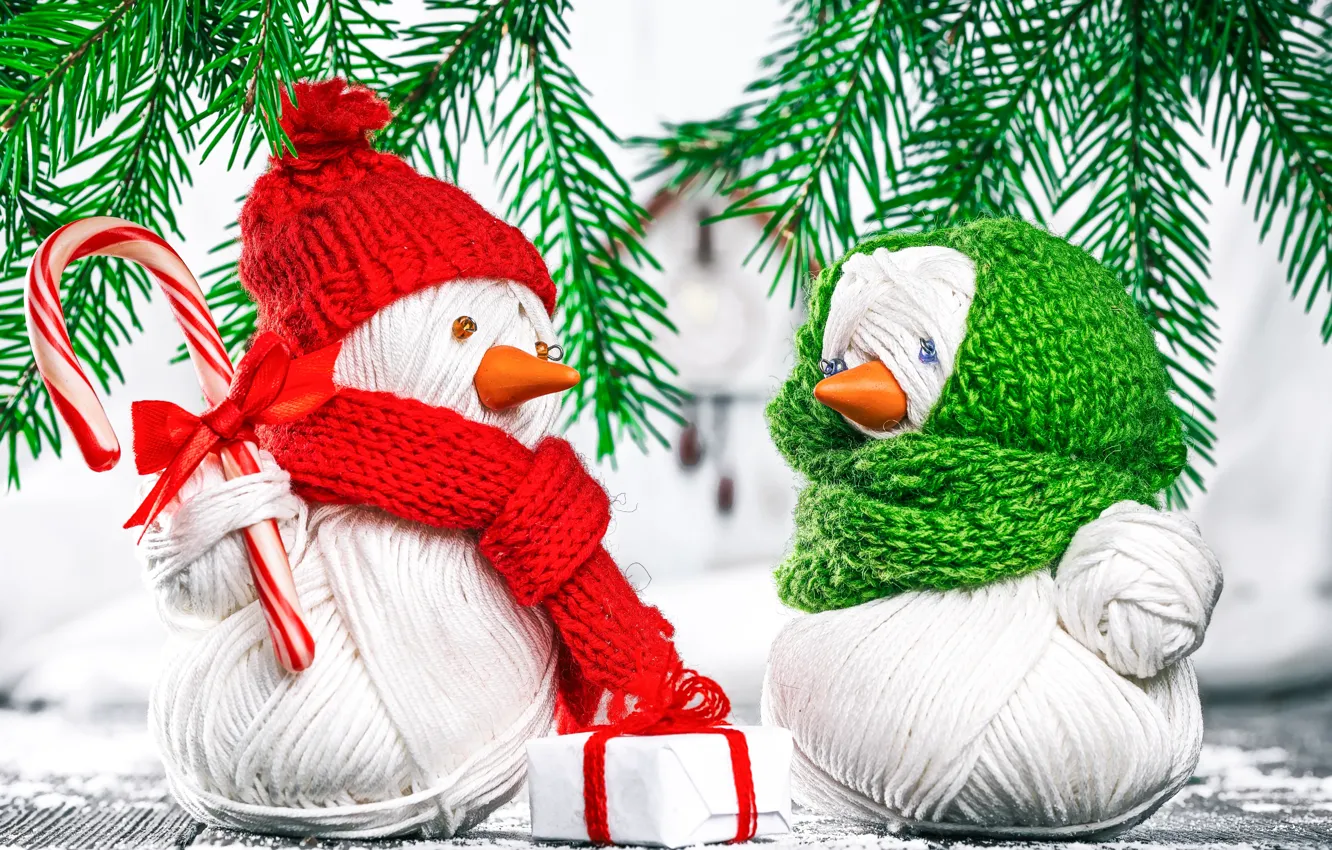 Photo wallpaper branches, background, gift, new year, spruce, snowman, box, gift