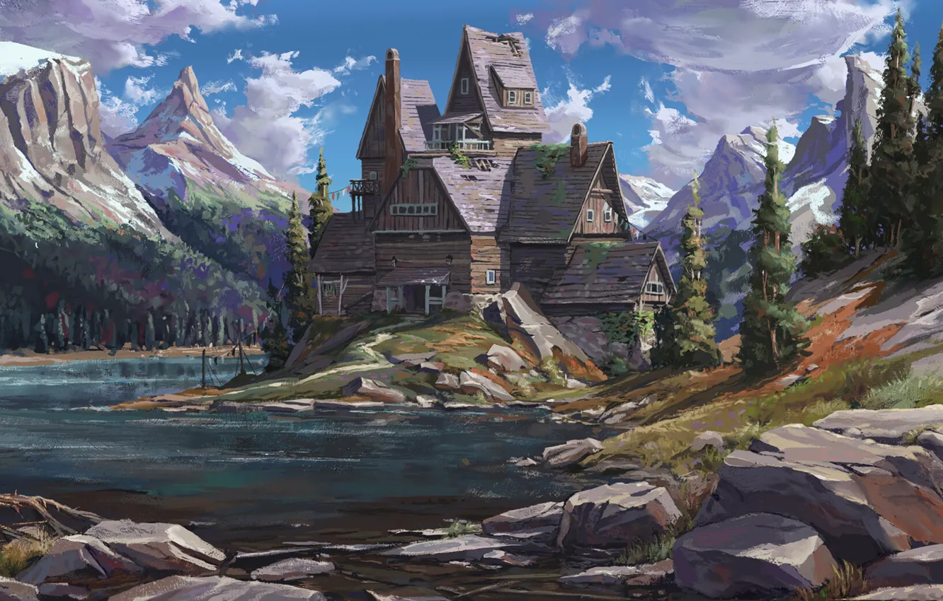 Photo wallpaper landscape, mountains, nature, lake, home, house, Canada, mountains