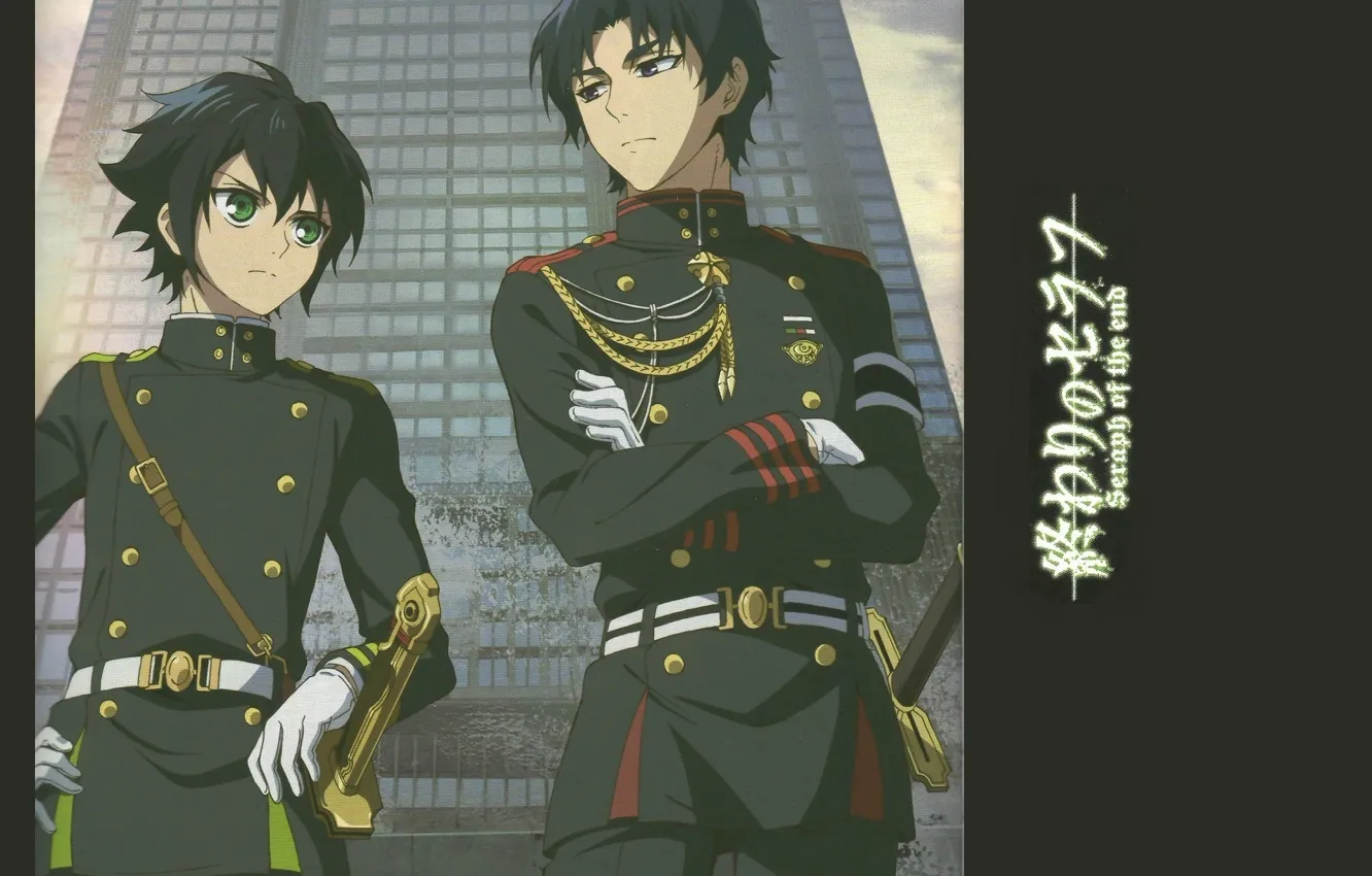 Photo wallpaper look, skyscrapers, gloves, strap, arm, military uniform, Owari no Seraph, Yuuichirou Hyakuya