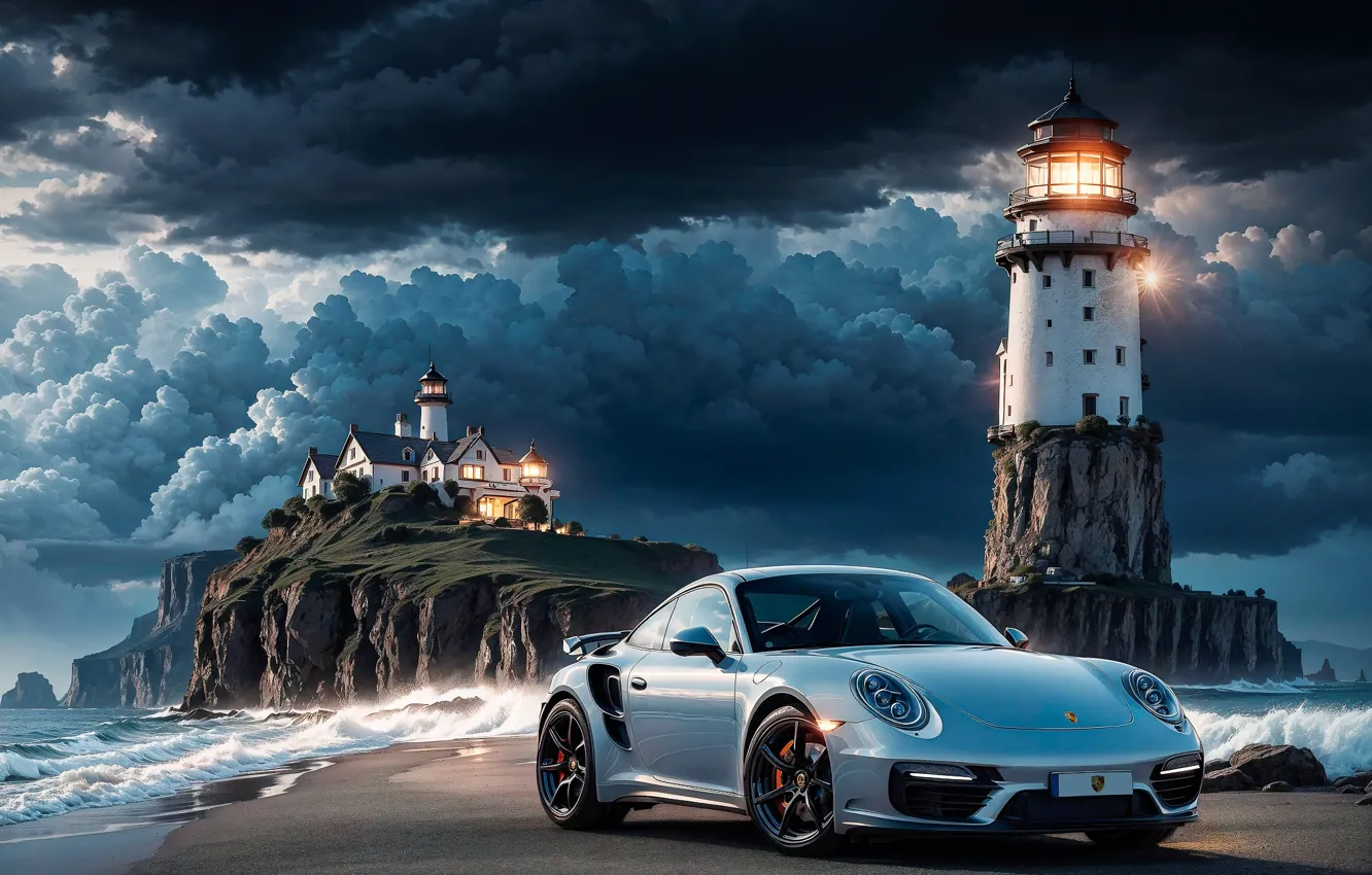Photo wallpaper sea, rocks, lighthouse, sports car, Porsche 911 Turbo, neural network