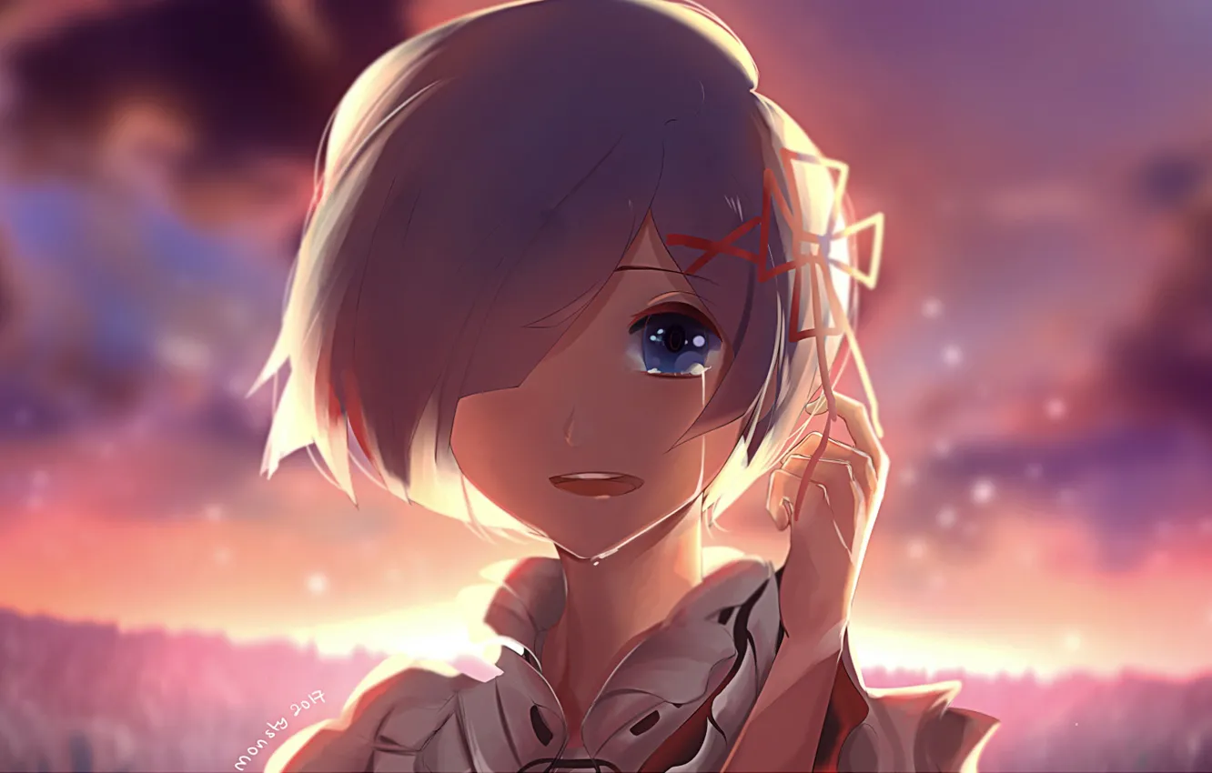 Photo wallpaper face, tears, bangs, red bow, the evening sky, re zero kara hajime chip isek or …