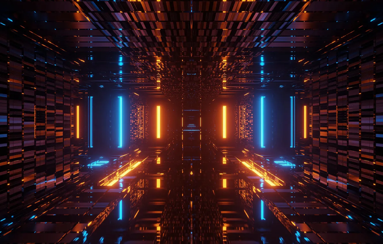 Photo wallpaper lights, abstract, blue, orange, neon, rendering, futuristic