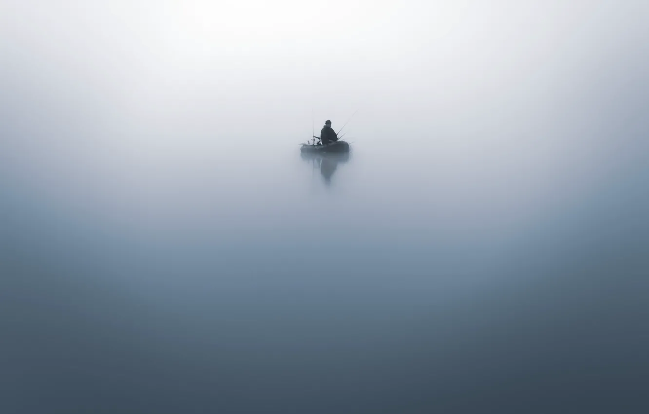Photo wallpaper fog, boat, fisherman