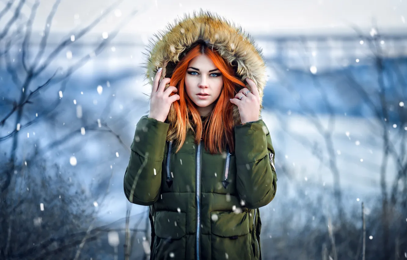 Photo wallpaper snow, hood, redhead, Masha Fox