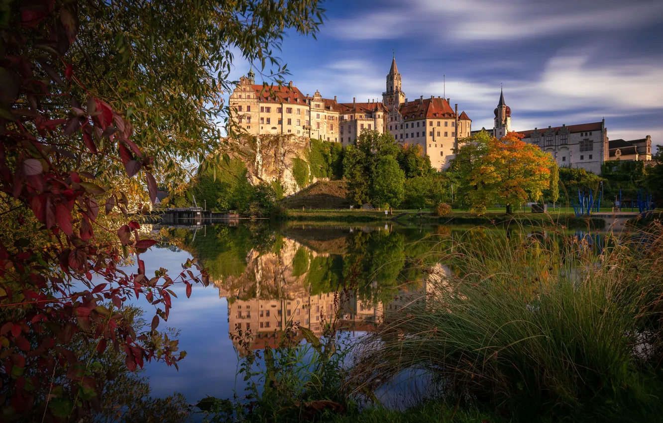 Photo wallpaper grass, trees, branches, reflection, river, castle, Germany, Germany