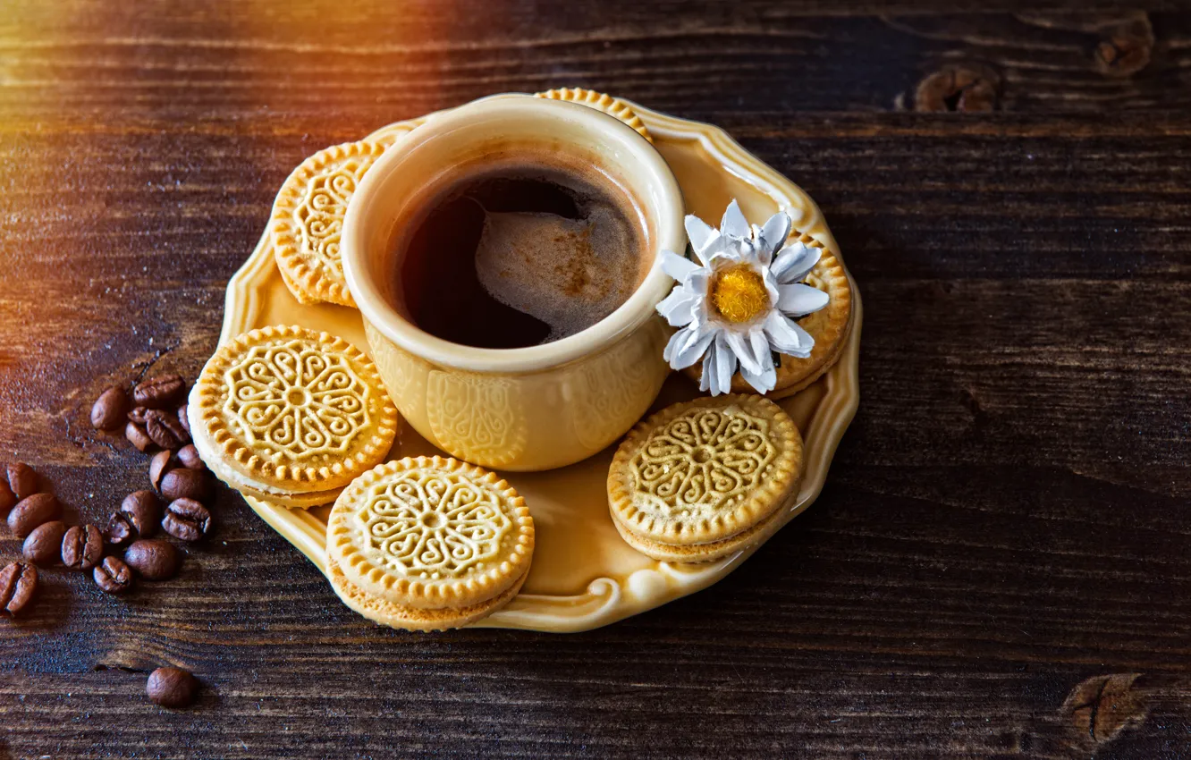 Photo wallpaper flowers, table, coffee, grain, cookies, Cup, drink, saucer
