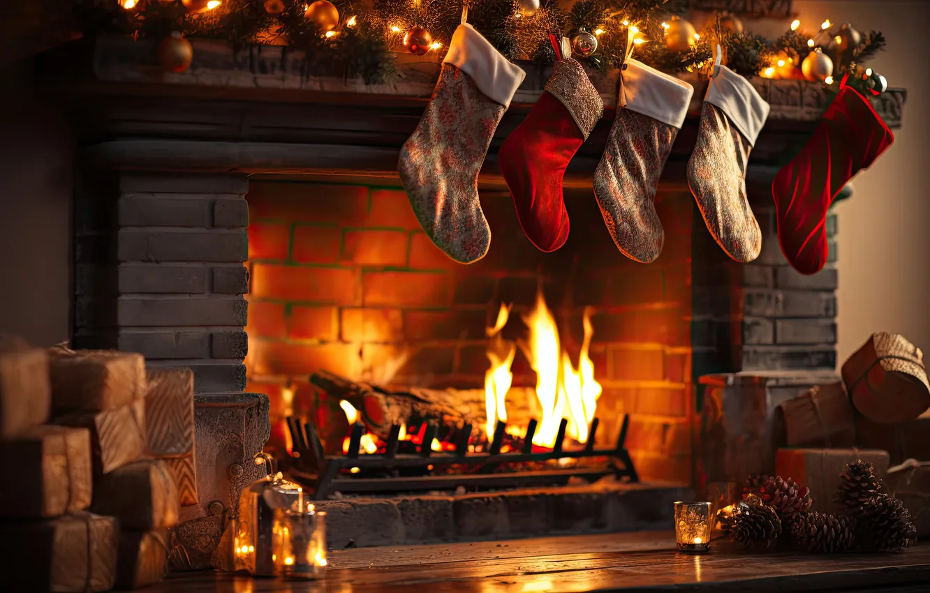 Photo wallpaper light, lights, room, flame, gift, new year, brick, lights