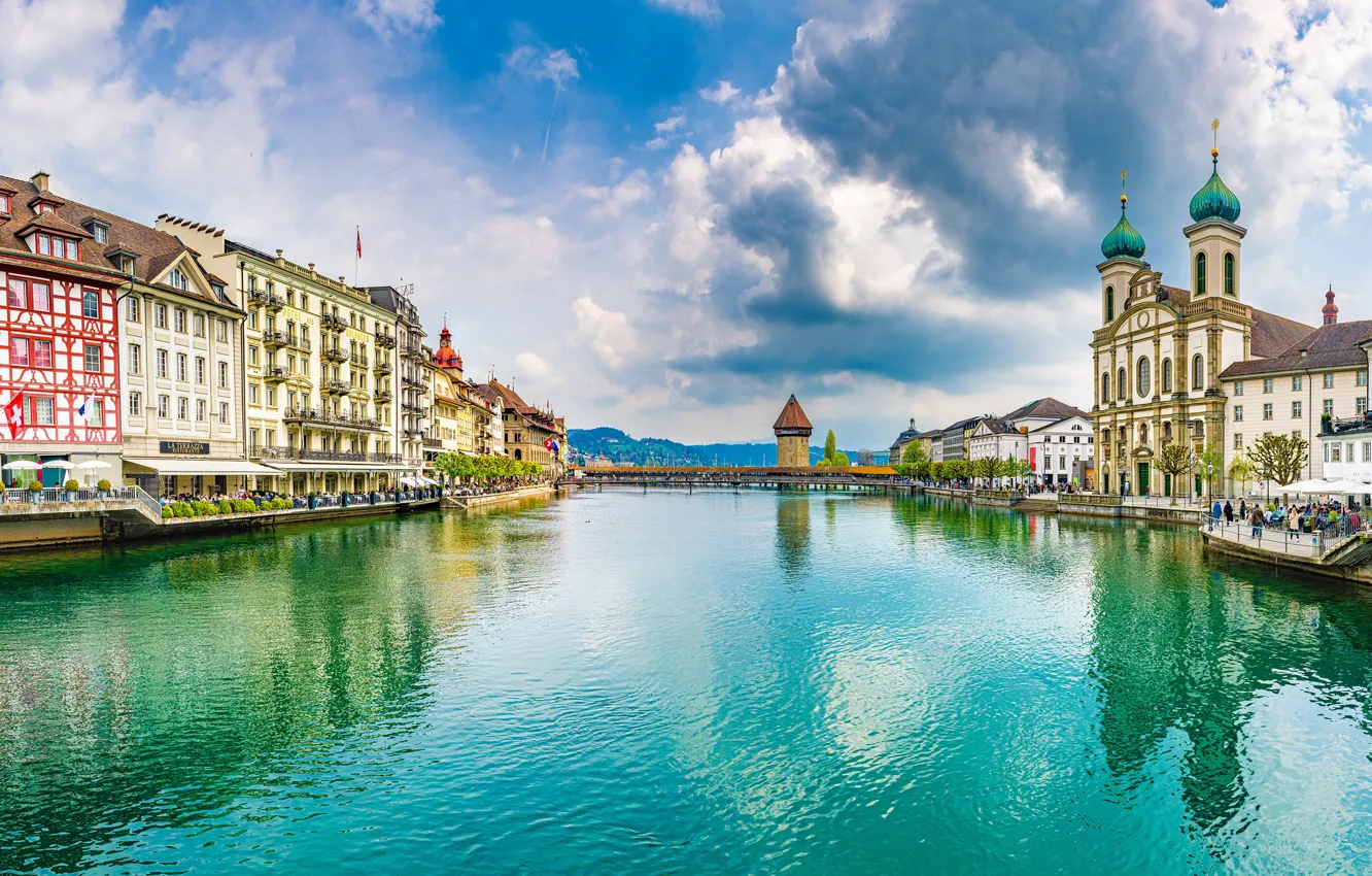 Photo wallpaper the sky, bridge, river, building, tower, Switzerland, Switzerland, Luzern