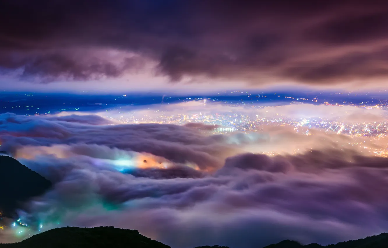 Photo wallpaper clouds, night, lights, fog, Taipei