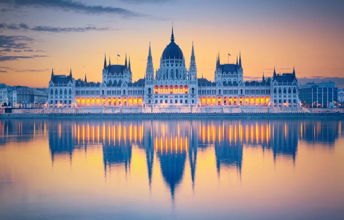 Photo wallpaper the city, reflection, morning, Parliament, Hungary, Budapest