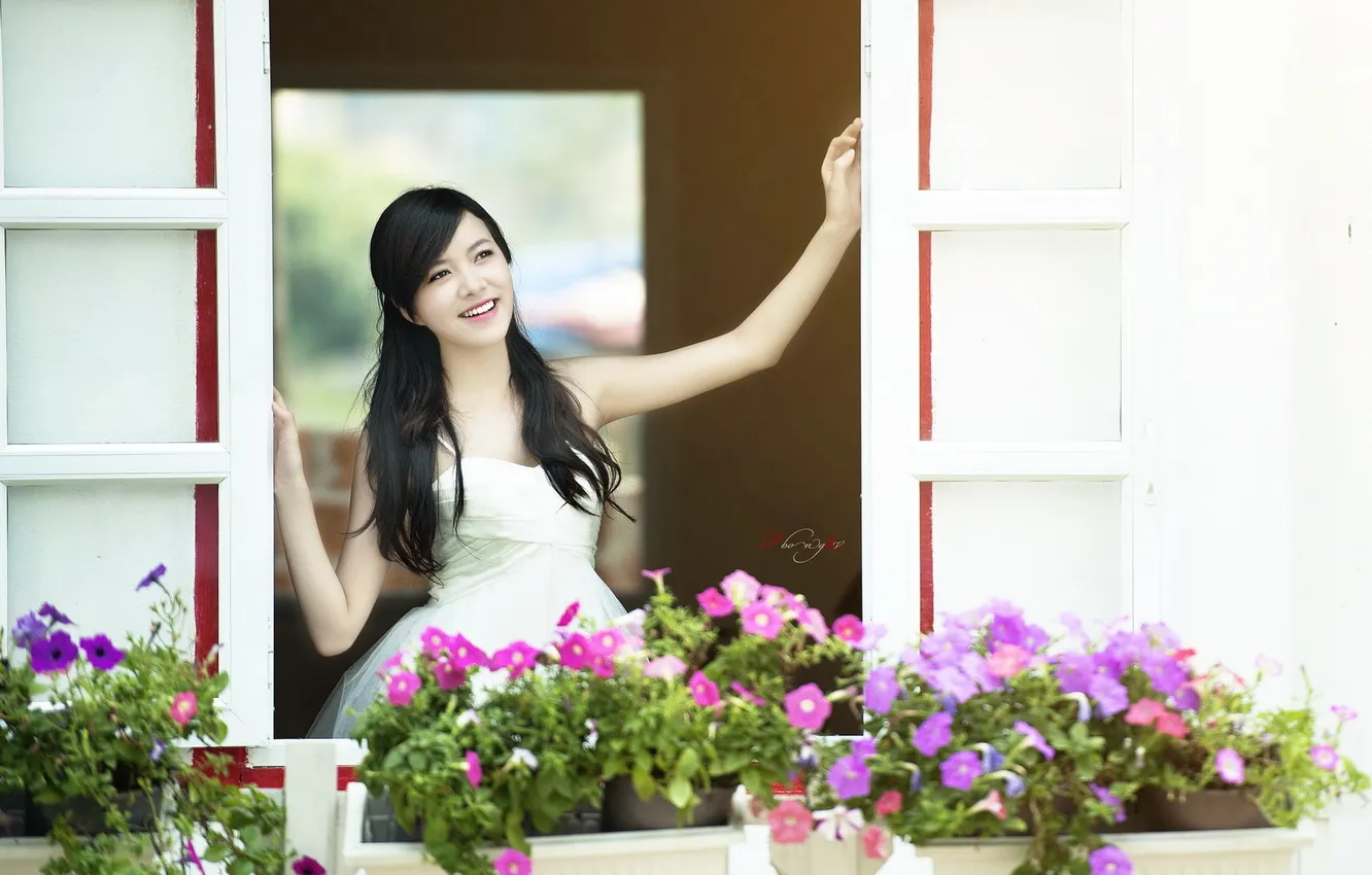 Photo wallpaper girl, flowers, mood, window, Asian