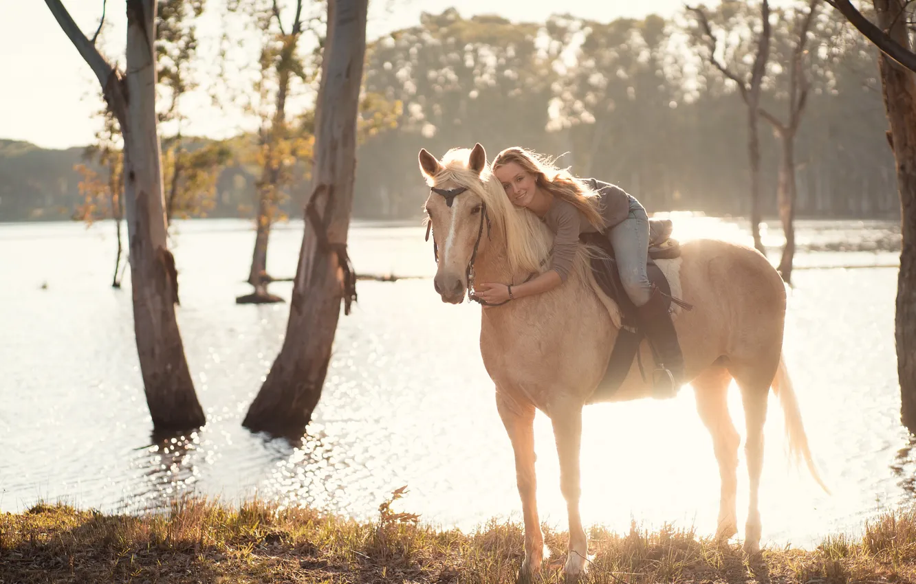 Photo wallpaper girl, river, horse