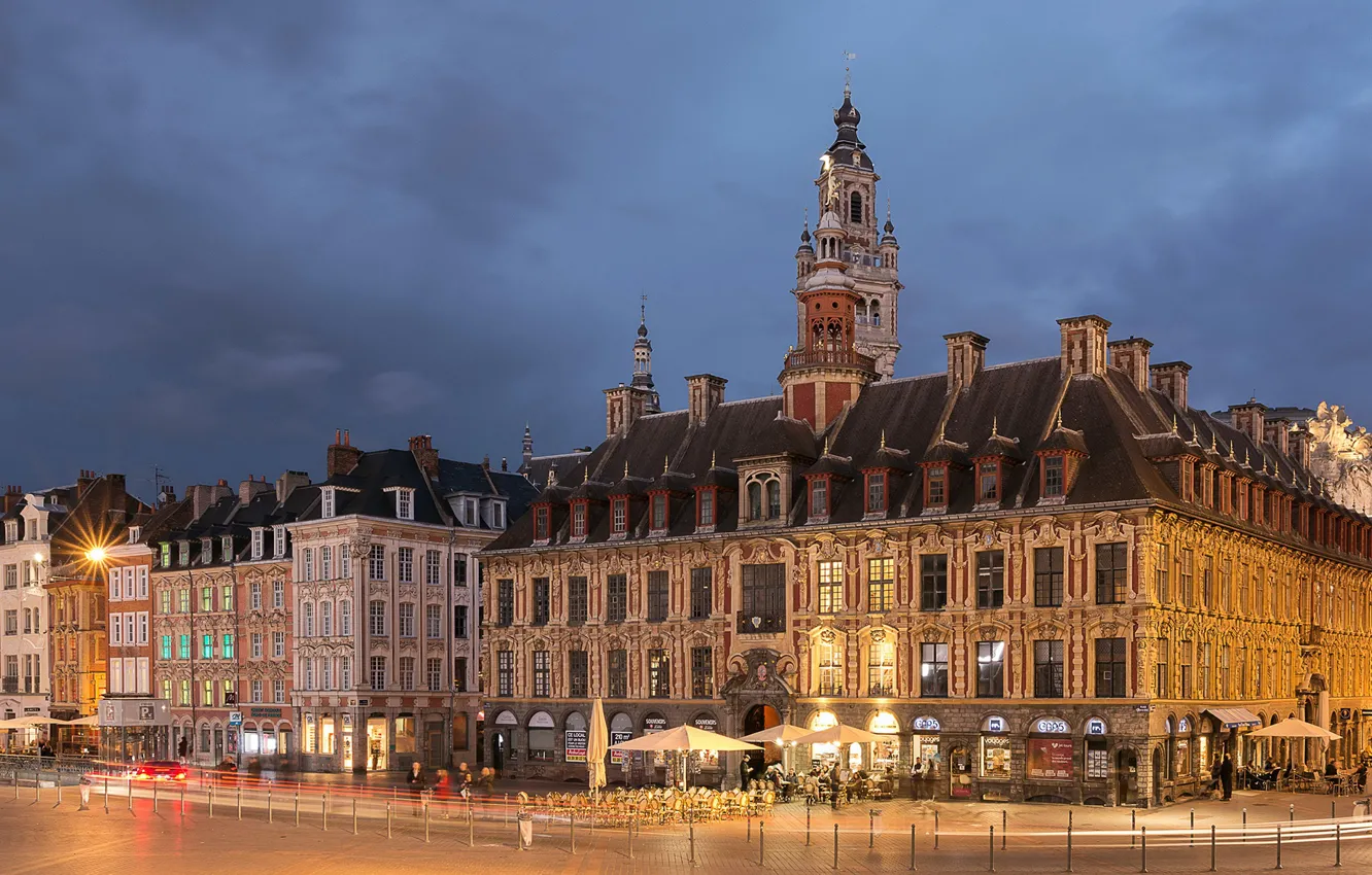Photo wallpaper lights, France, building, the evening, Lille, square