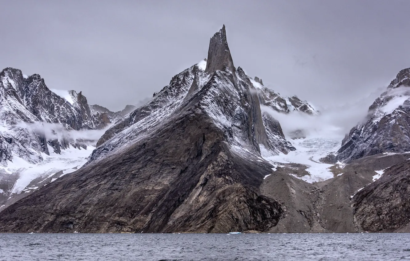Photo wallpaper sea, the sky, water, snow, mountains, nature, overcast, rocks