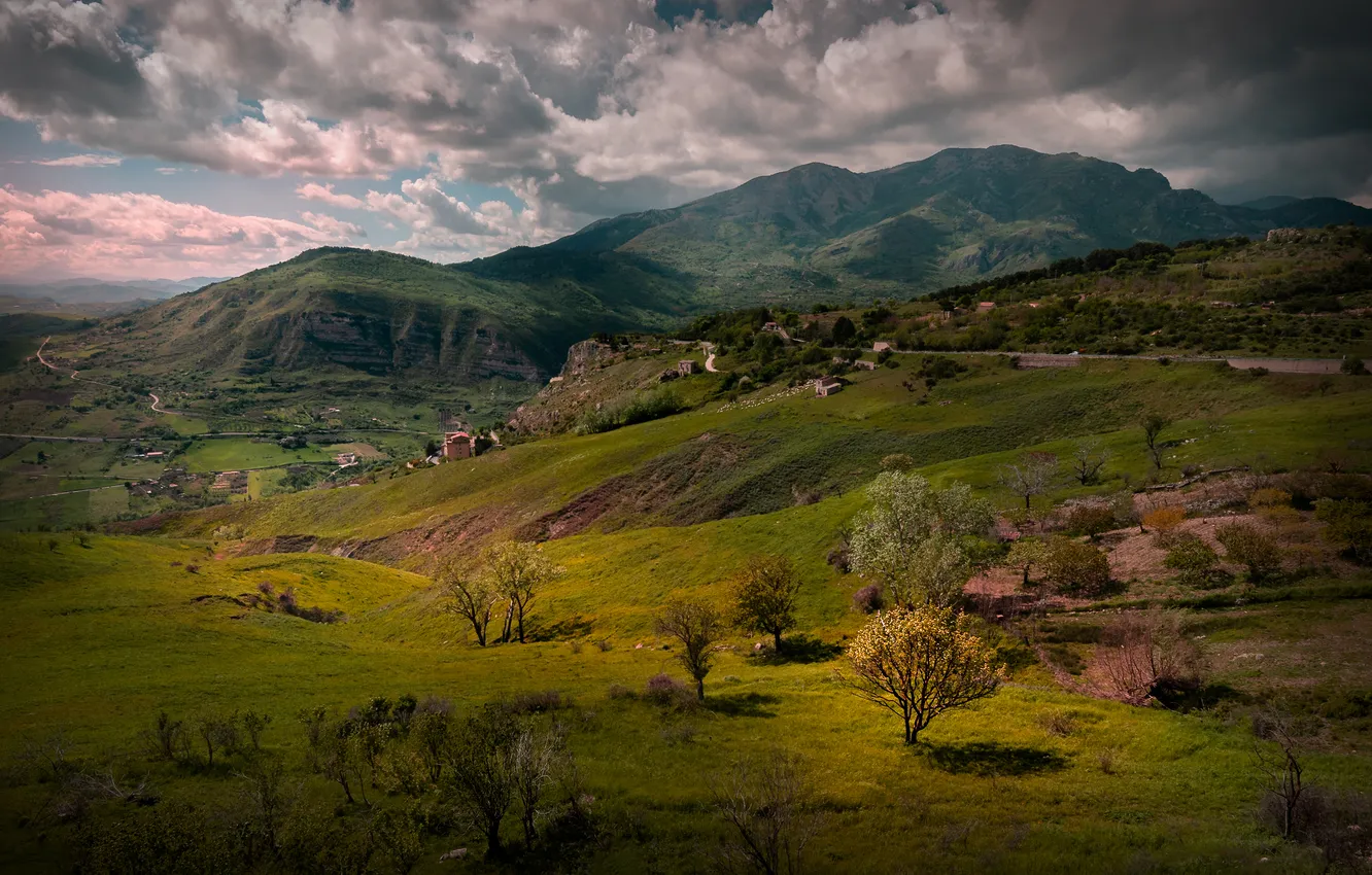 Photo wallpaper the sky, clouds, trees, mountains, hills, tops, dal, slope