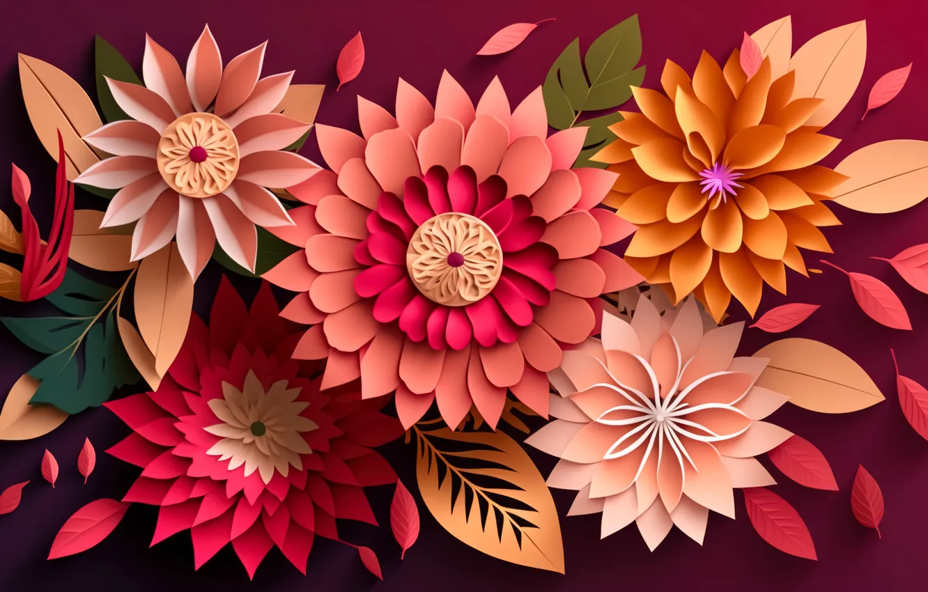 Photo wallpaper leaves, flowers, background, colorful, still life, flowers, floral, background