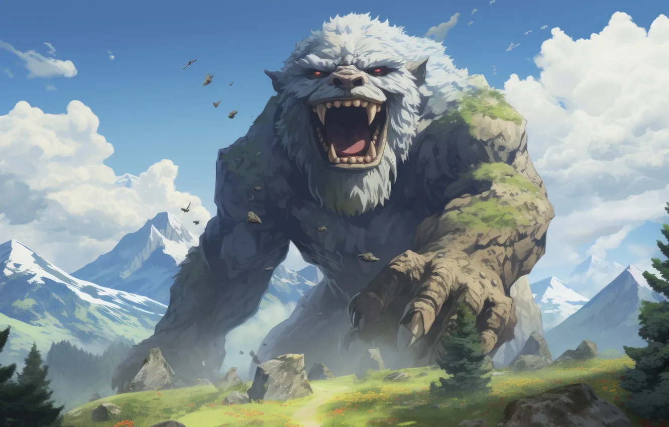 Photo wallpaper mountains, monster, fangs, grin, digital art, Supernatural Beings, AI art, The Art of Artificial Intelligence