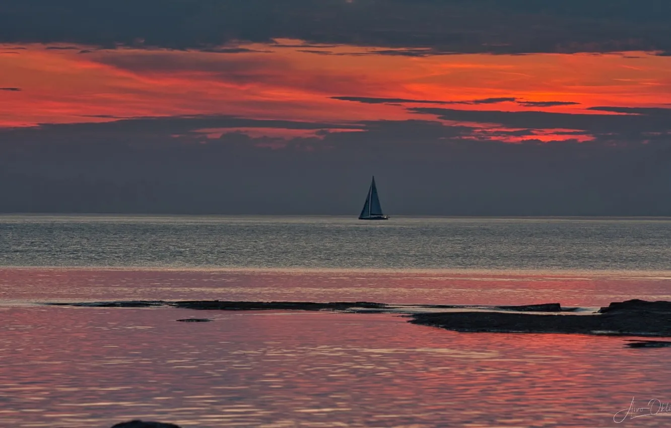 Photo wallpaper sea, the evening, yacht, glow, sail, a lonely boat on the horizon, Aivo Oblikas, Red …