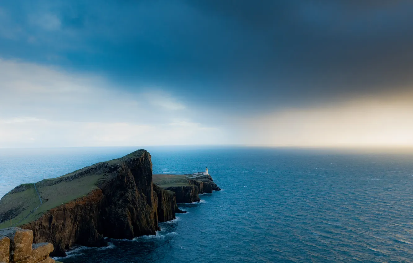 Photo wallpaper sea, wave, the sky, fog, blue, rocks, shore, view