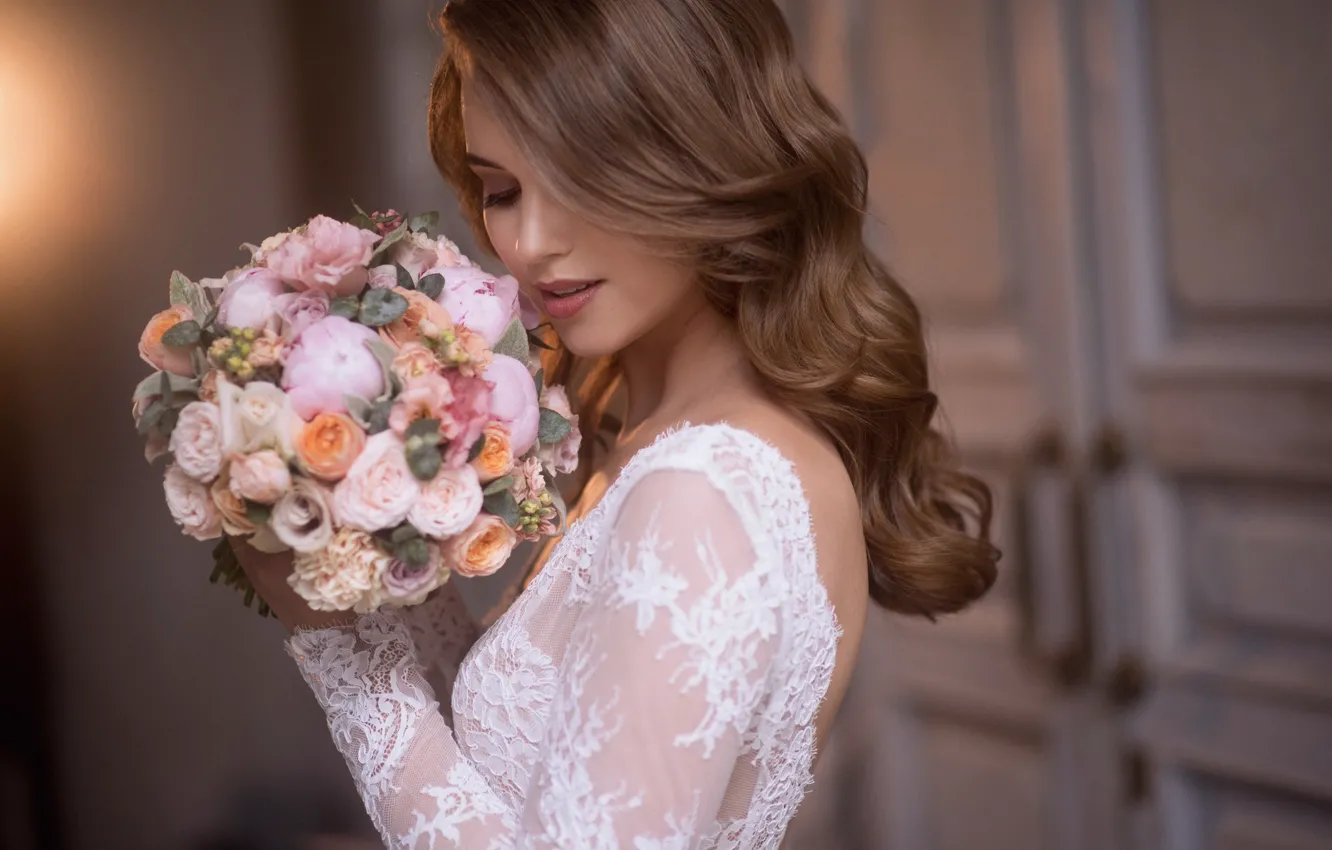 Photo wallpaper girl, flowers, style, hair, bouquet, the bride, curls, Natalia Magicka