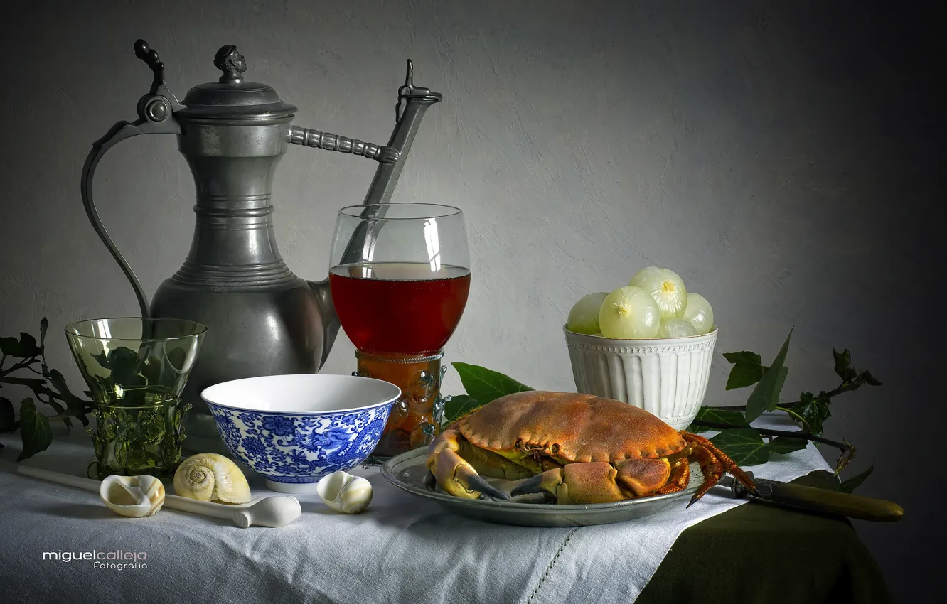 Photo wallpaper wine, glass, crab, shell, bow, bowl, pitcher, still life