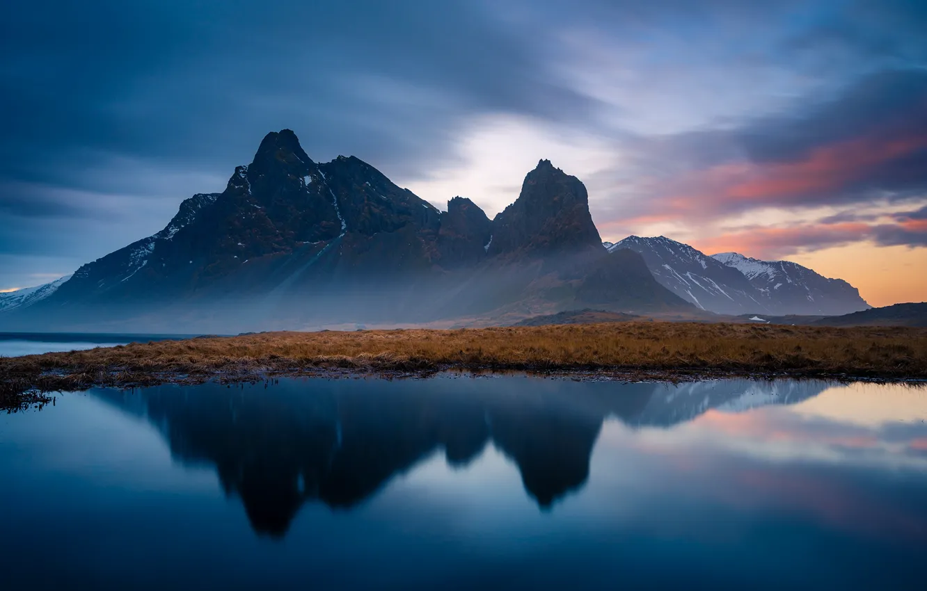 Photo wallpaper mountains, lake, reflection, Iceland, Eystrahorn