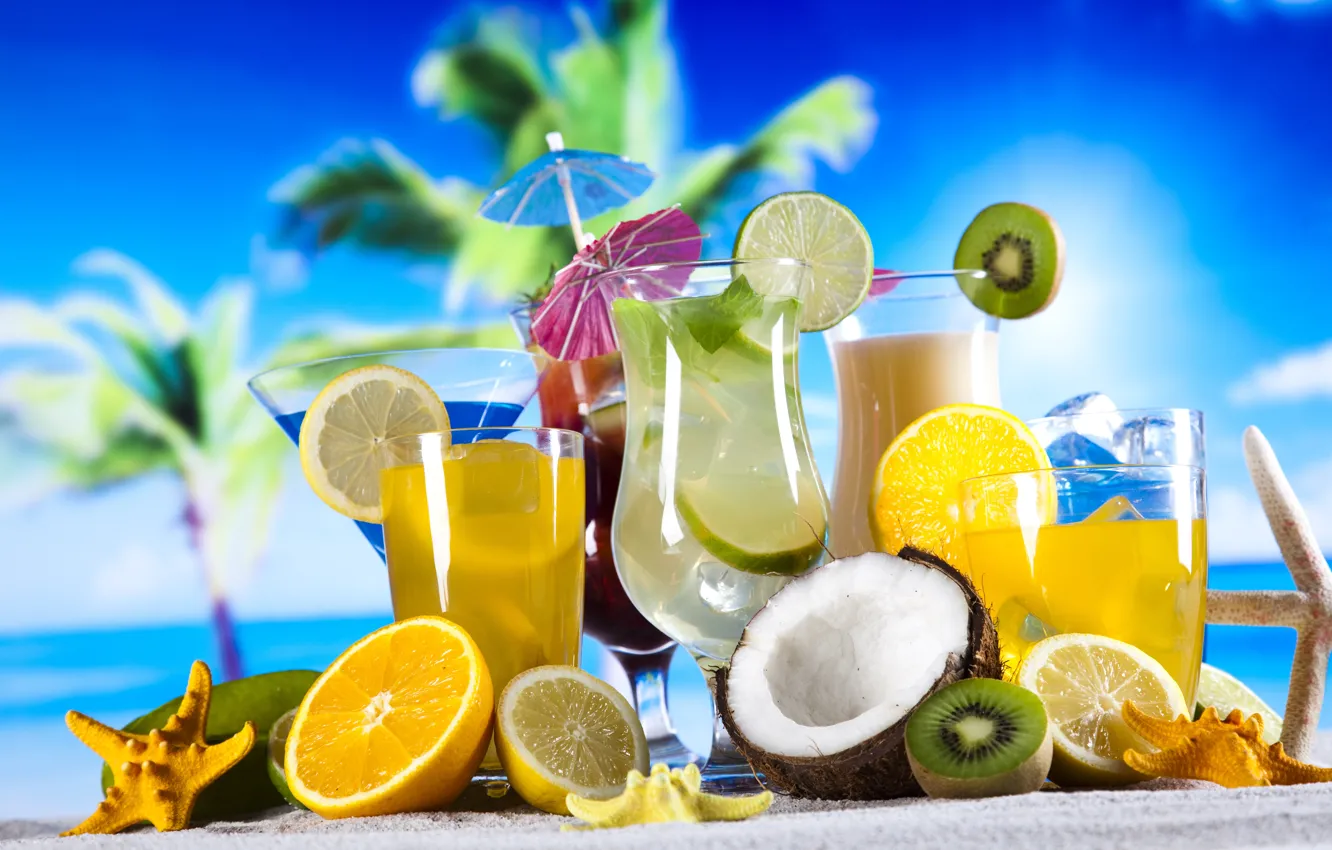 Photo wallpaper sea, beach, Palma, cocktail, shell, drink, fruit