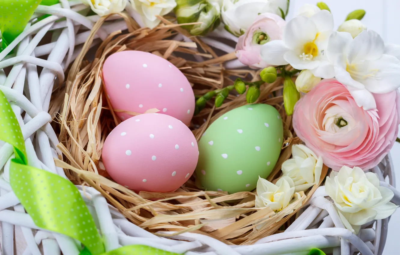 Photo wallpaper flowers, holiday, eggs, socket, buttercups