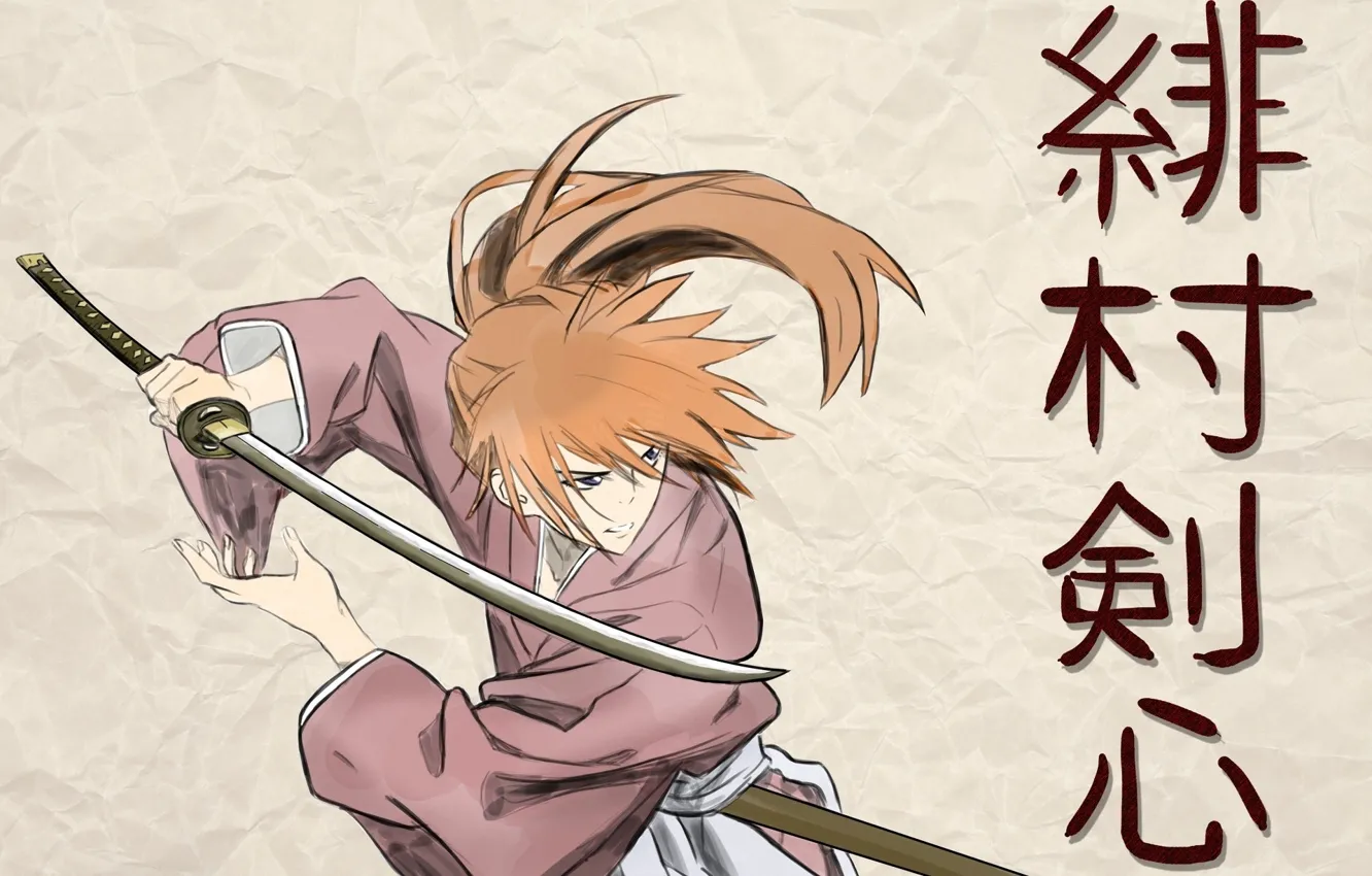 Photo wallpaper katana, red, samurai, characters, kimono, stand, swordsman, Rurouni Kenshin