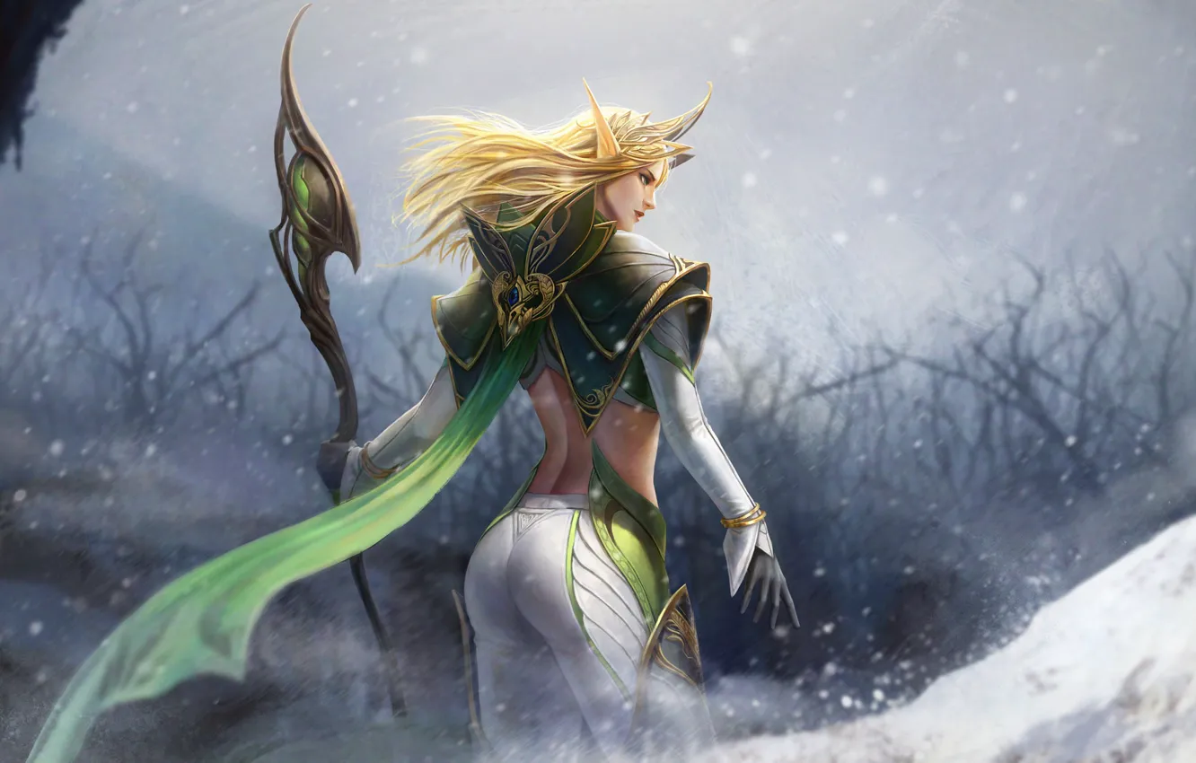 Photo wallpaper girl, fantasy, armor, blue eyes, snow, artist, blonde, elf