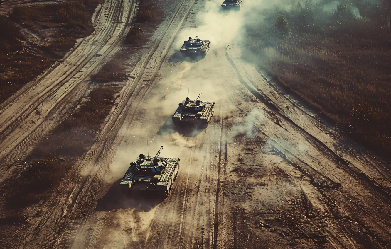 Photo wallpaper dust, tank, columns, digital art, AI art, The Art of Artificial Intelligence, War and conflict …