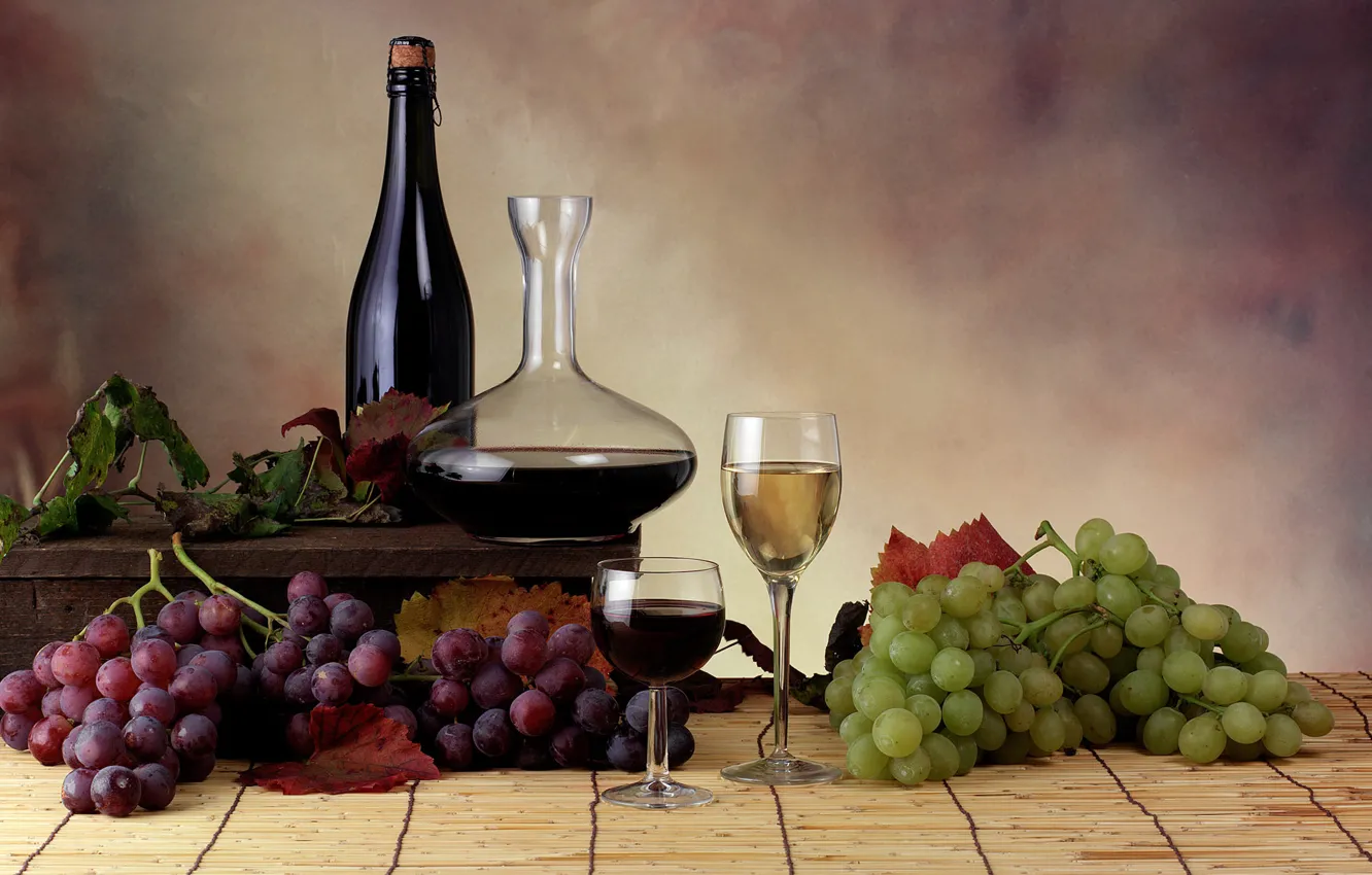 Photo wallpaper leaves, wine, glasses, grapes, bottle