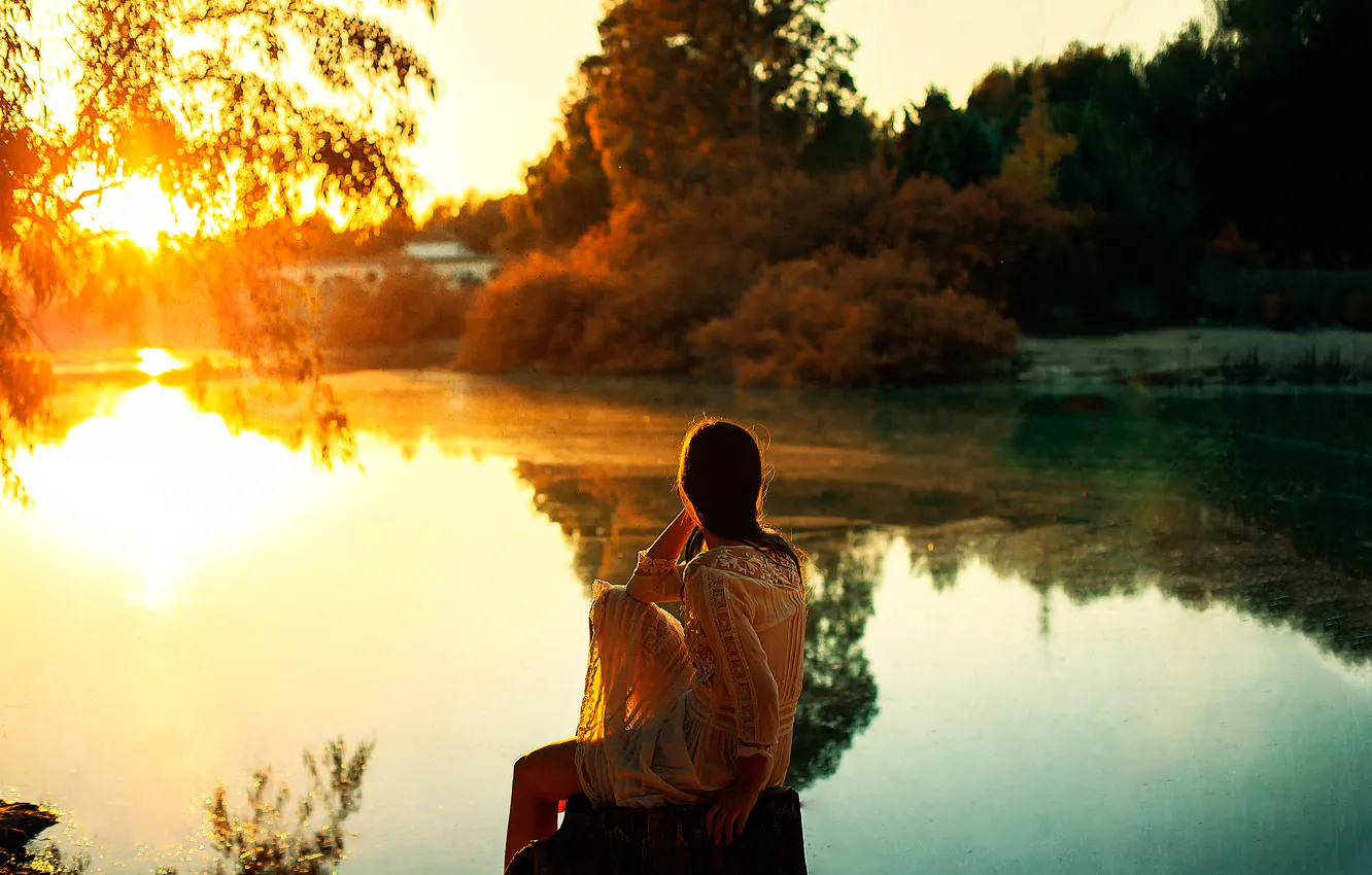 Photo wallpaper girl, sunset, river, beauty