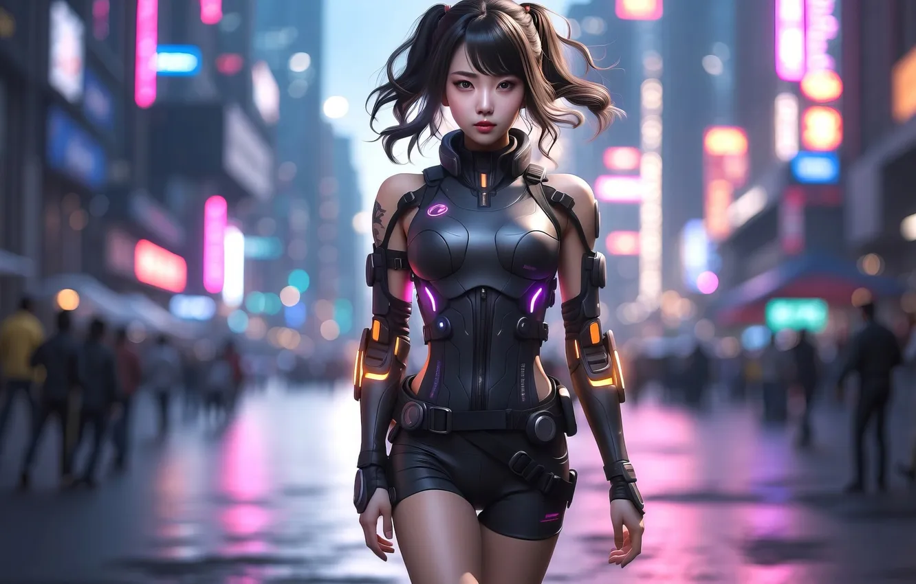 Photo wallpaper city, girl, cyberpunk, asian, ai art