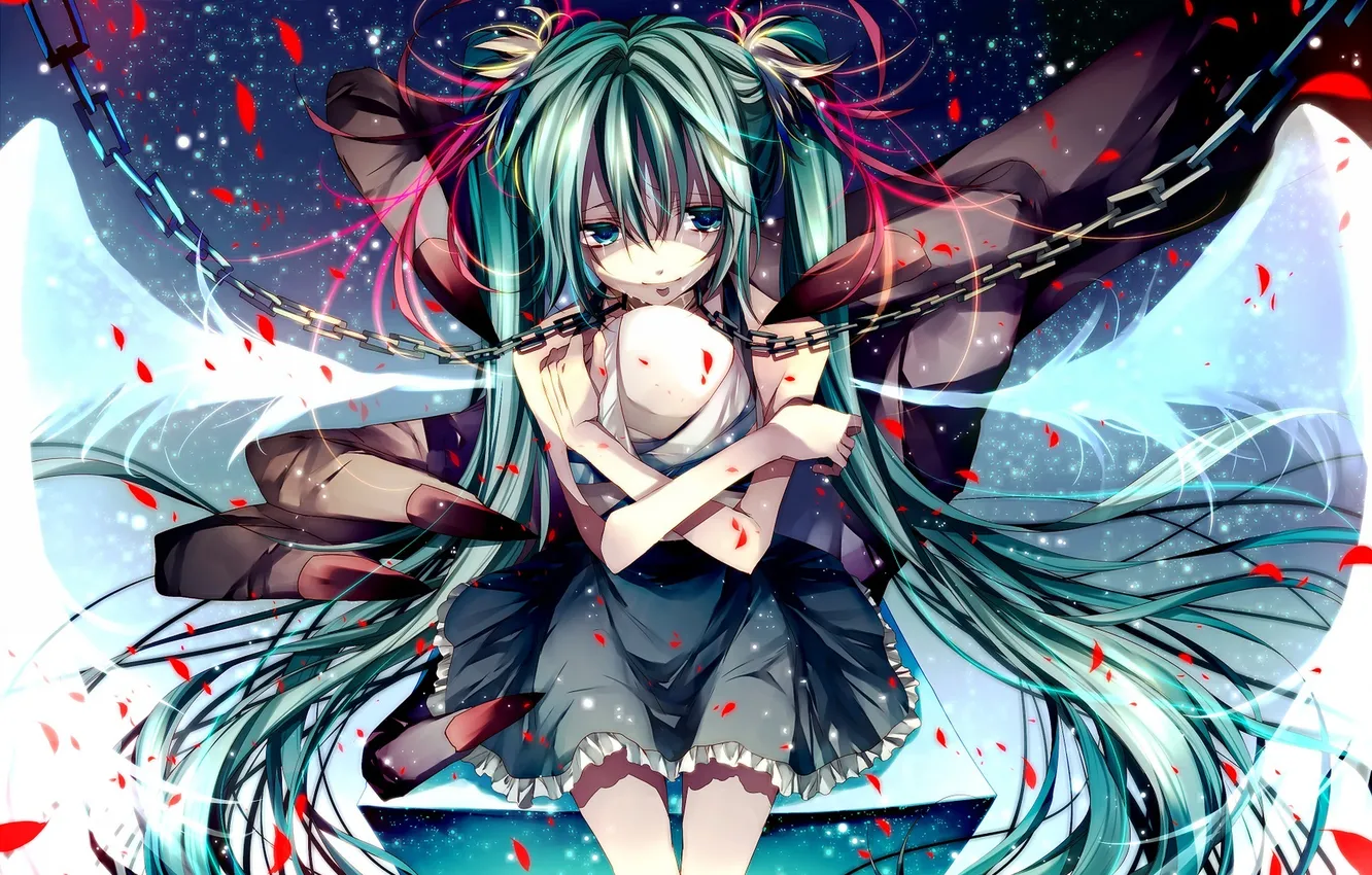 Photo wallpaper girl, stars, wings, angel, petals, art, chain, claws