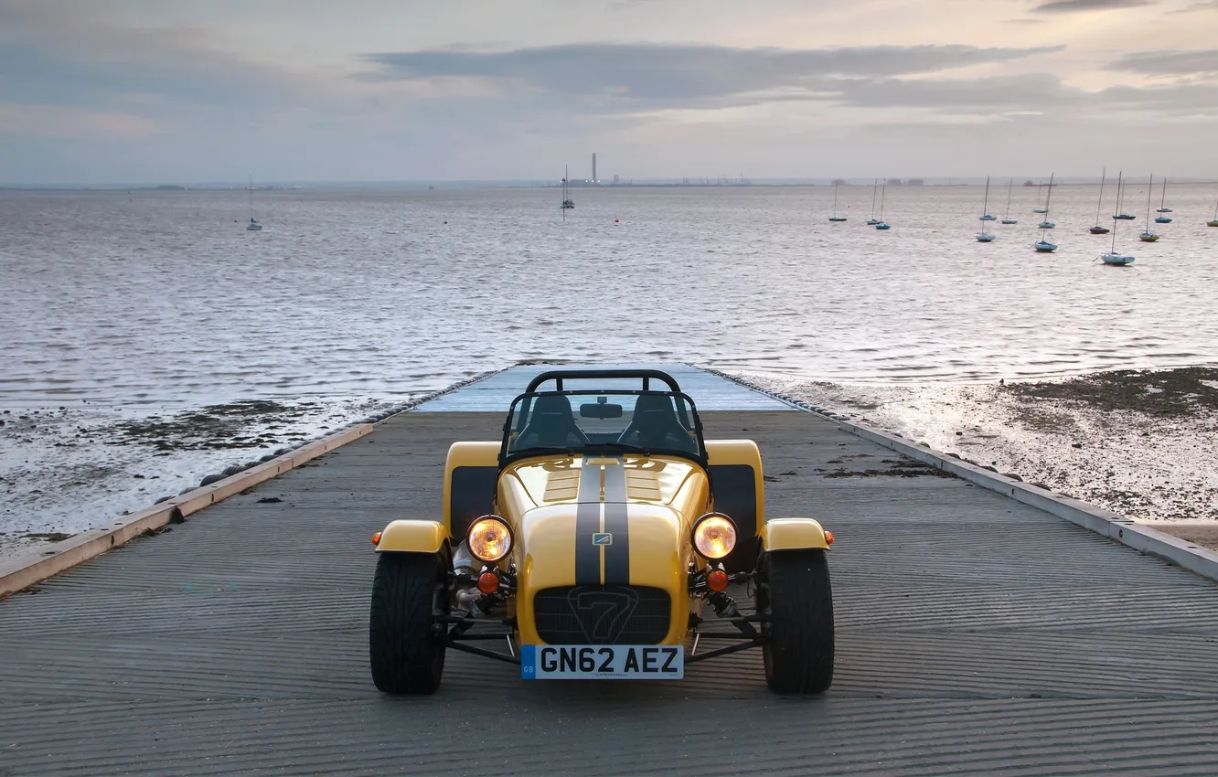 Photo wallpaper sea, auto, the sky, yellow, pier, the front, Caterham, Supersport R