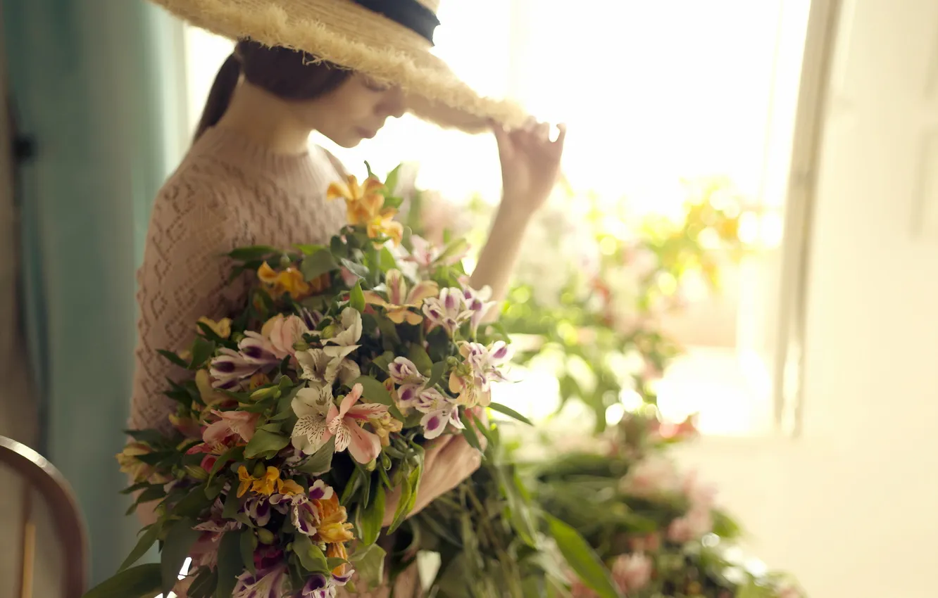 Photo wallpaper girl, flowers, background